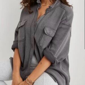 Aerie LumberJane Gray Waffle Knit Button Down Shirt Womens Size Small oversized